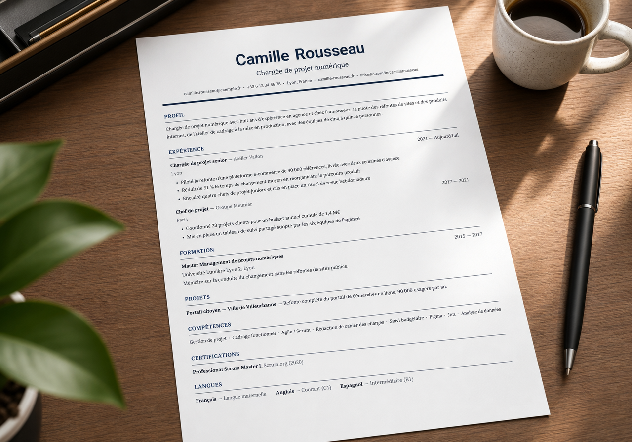 CV professionnel élégant et moderne posé sur un bureau en bois